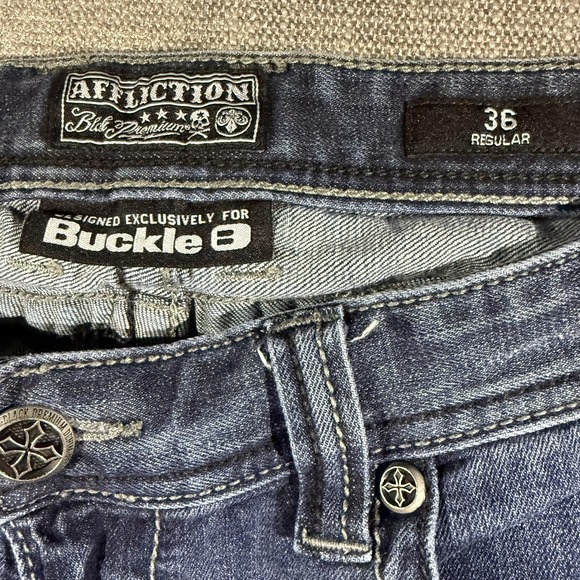 Affliction Black Premium Jeans Mens 36x32 Blue Blake Straight Buckle Distressed - Picture 2 of 9
